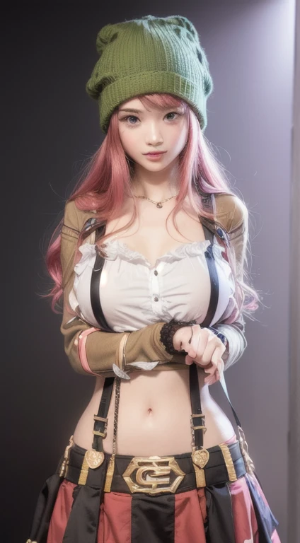 Masterpiece, pretty girl, busty slim firm body, pink hair with green highlights