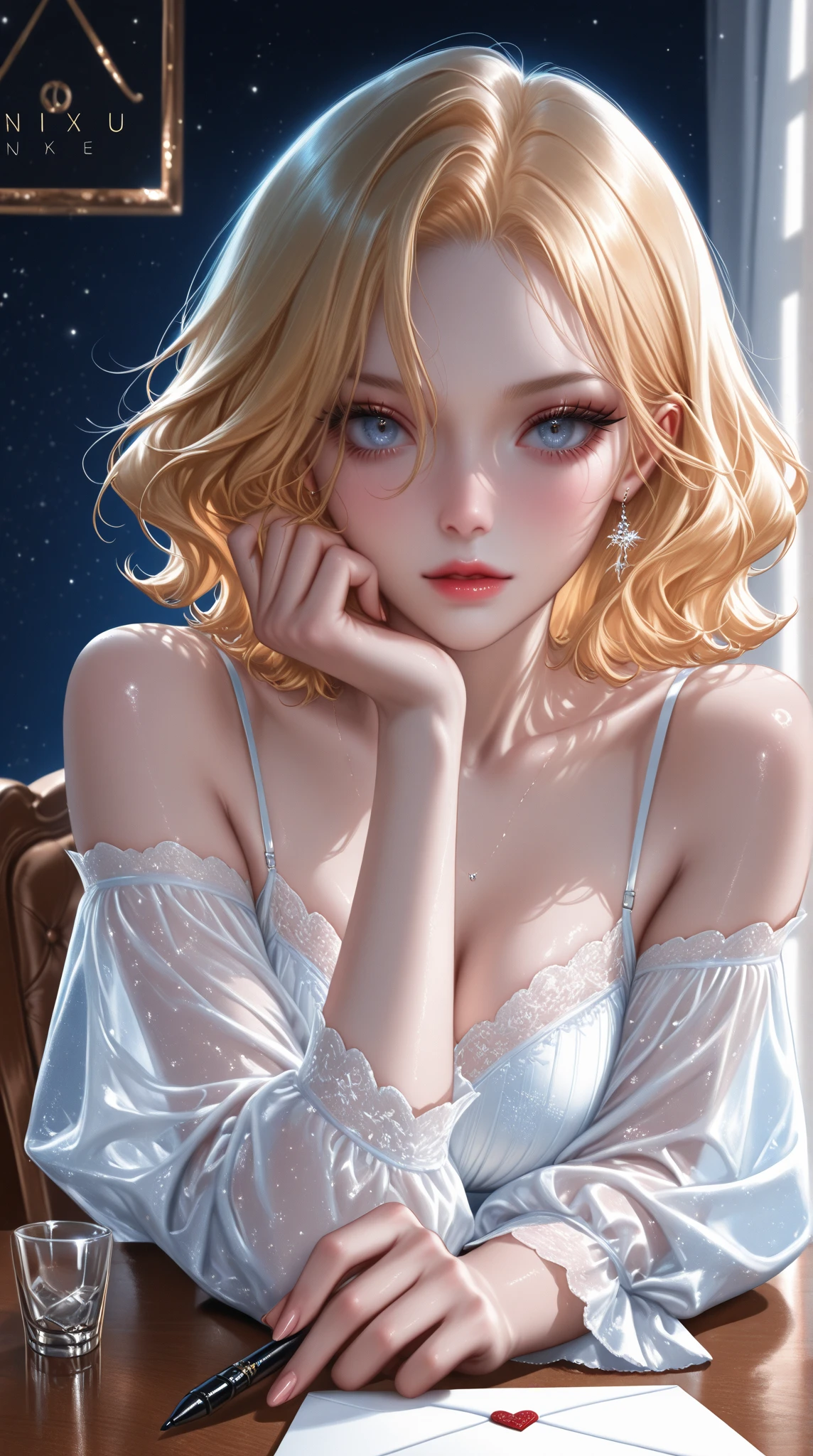 ((((masterpiece, best quality, high resolution)))), Extremely detailed 8K, Beautiful girl with slender body, (Ultra HD, Ultra-detailed, Highly detailed, Highly realistic, Ultra-realistic, photograph realistic), (1girl:1.5), white hair, short wavy hair, bob cut, purple eyes, light smile, (large breasts: 1.2), (sunbeam, sunlight, rose, wind), bedroom, laying on the bed, blush, sweat