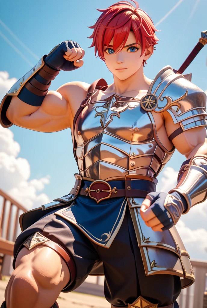 young,, Cat ear, (12, sweating), Trained abdominal muscles, Chiseled pectoral muscles, 真swordな表情, ((3D anime art style)), sword, Combat Stance, Leather Strap, Leather Armor,juvenile,Huge muscles,(((Huge erect penis)))