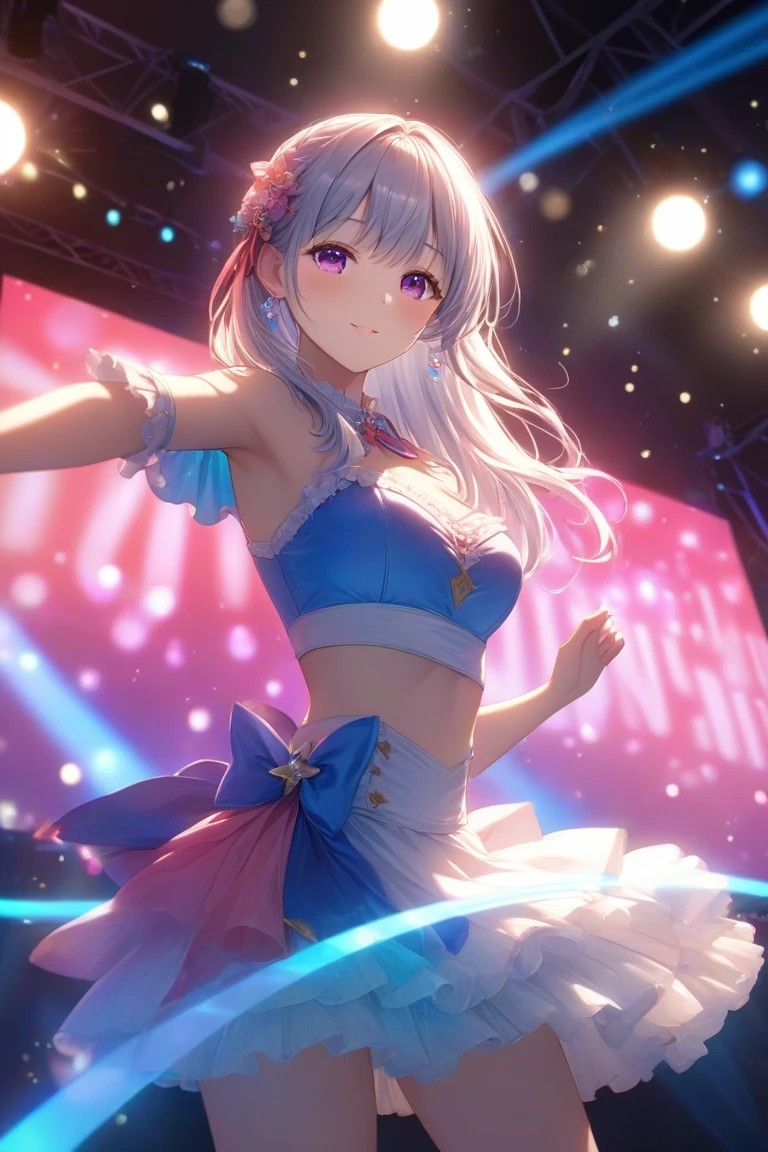 Colorful music stage, Beautiful idols, Idol costumes, Beautiful faces, Beautiful legs, Colorful colors, Detailed background, Beautiful singing voice, Fantastic atmosphere, High quality, 8K Ultra HD, 3D effect, Animation style digital illustration, Soft cartoon style, 3D effect, Luminism, 3D rendering, Octane Rendering, Isometric, Full Color, Delicate Anime Character Expressions, Whimsical Lighting, Captivating Atmosphere, Soft Textures, Imaginative Artwork, Mysterious Glow, Silent Luminescence, Sparkling Stars, Vivid Background, Full Length, (((Rule of Thirds))), High Quality Description: (Bokeh: 2), High Detail, High Resolution, (Bokeh: 2), Backlight, Long Exposure: 2, Emphasis on the armpit and clavicle closeup, long-skirt