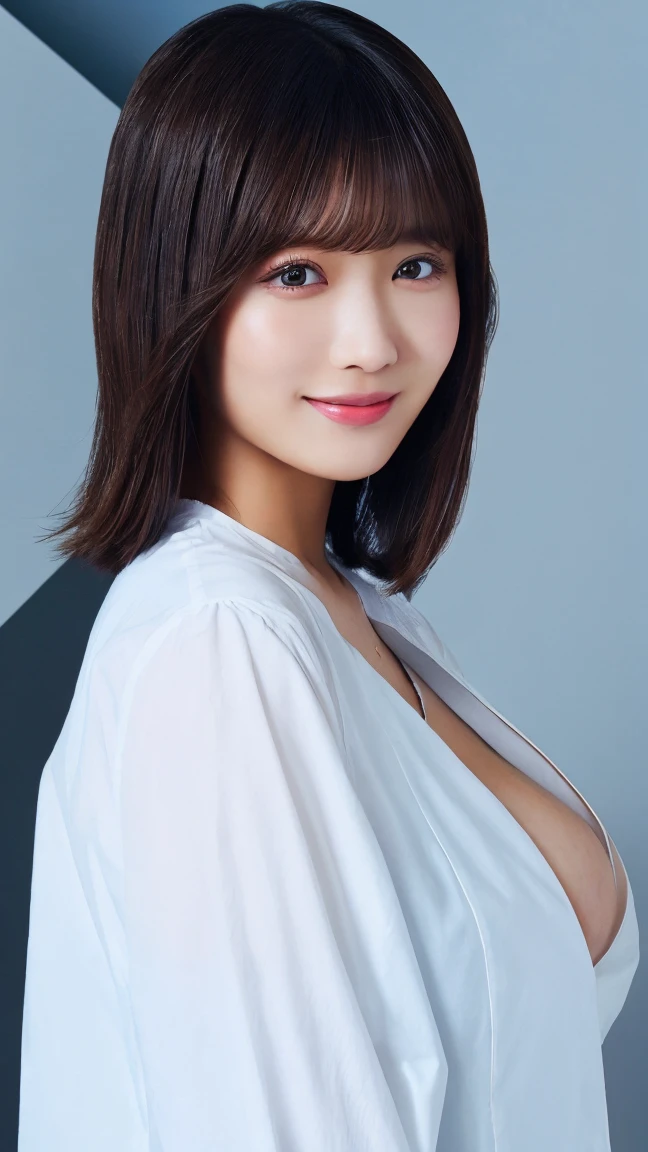 Best quality,超高分辨率,(真实感:1.4),1个Giant Breast Girl,Off-shoulder white shirt,Black tight skirt,Black collar,(gray hair fade:1),(Huge cleavage:1.2),looking at viewert,Close-up cleavage,8K,a baby face,A sweet smile