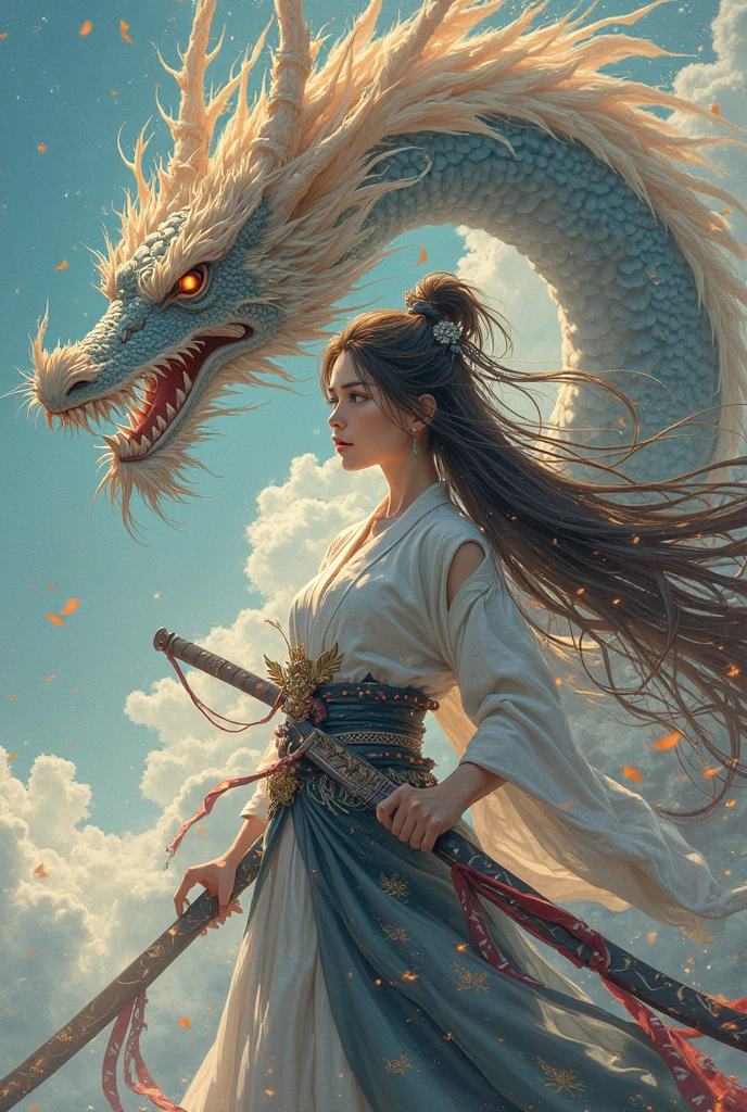 masterpiece, Highest quality, One girl,  white, Chinese Dragon, null, cloud