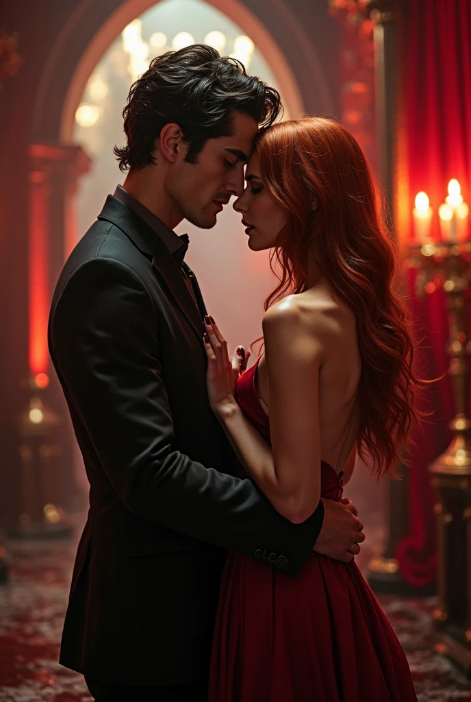 8k cinematic image of Harley Quinn in a medieval castle window being hugged by the Joker in black clothes . Harley Quinn with large breasts and thick thighs and giant ass wearing a.red and black transparent lace lingerie she's standing with her back arched