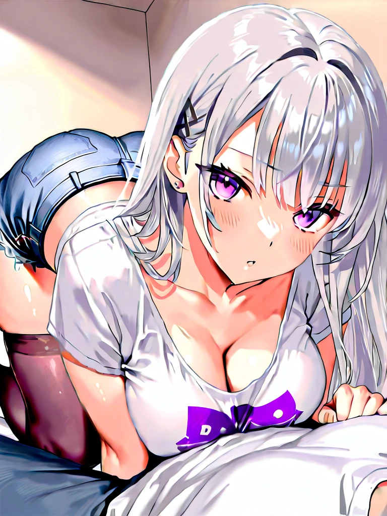prison, concrete wall, concrete floor, looking at viewer, ((((completely naked)))), ((evil grin)), ((pov across bed)), 独奏, nsfw:1.5, stare at viewer with stern eyes,
One person, Long Hair, Purple eyes, chest, Ahoge, very Long Hair, large breasts, ribbon, hair ribbon, ponytail, bangs,