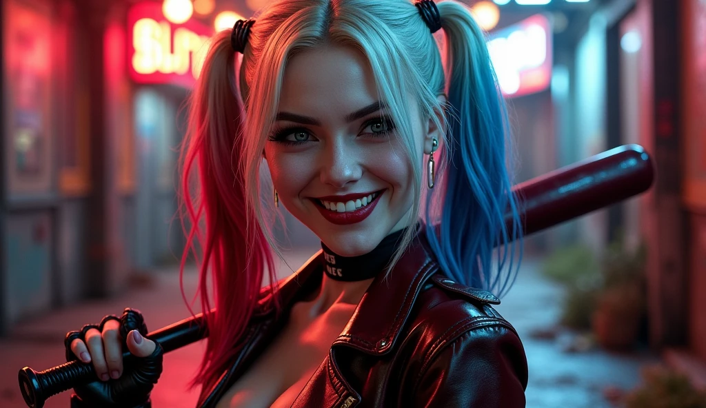 use Margot Robbie's Harley Quinn as a base with the clothes she wears in the film Suicide Squad smiling using gold grillz and diamonds in her mouth
with a car in the background at night
