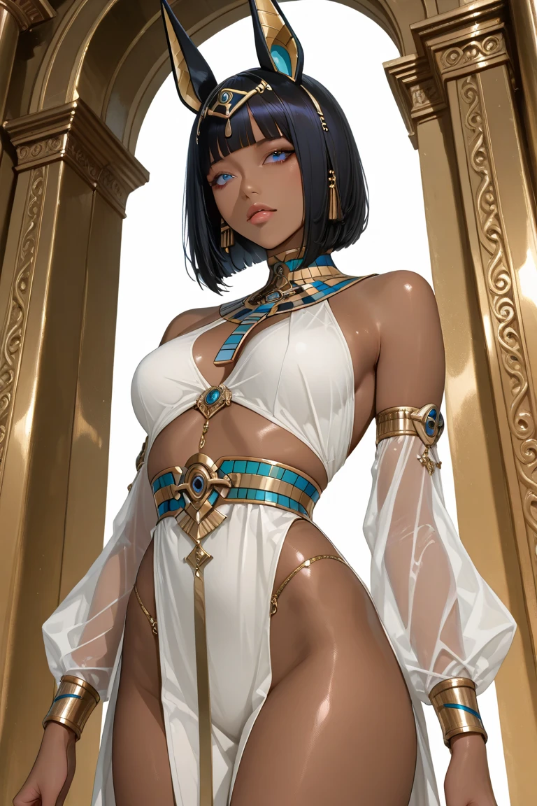 ((Лучшее качество)), ((шедевр)), (подробный), anime style, hdr, 8k, mature woman, adult woman, large breasts, 1girl, beautiful eyes, extremely long eyelashes, beautiful face, in love, looking at viewer, parted lips, skinny, ultra details, model posing, yellow-green eyes, black cats ears, (egyptian lingerie:1.8), cum in pussy, standing on foot, (nipples:1.8), (bob hair cut:1.7), black hair, golden tiara, bodychains, egyptian makeup, hyperrealistic, bronze skin, cleavage, red lipstick, make up, nude breasts, wet skin straight hair,  normal hands    background: ancient egypt     negative:bad anatomy, missing fingers, bad hands, bad fingers, missing hands, bangs