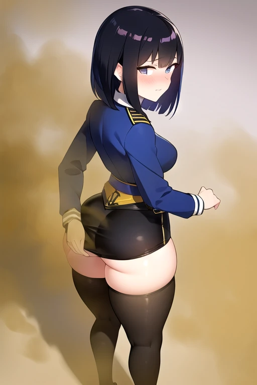 1girl, tan skin, tan, tan-skinned female, from behind, ass, ass focus, thong, panties, jacket, smile, smirk, smug, breasts, huge ass, ((huge ass)), thick thighs, mature female, milf, hourglass figure, black hair, very short hair, yellow eyes, forest, black jacket, ((black jacket)), hooded jacket, belt, military hat, cap, gloves, highleg, gun, black thong, spiked hair, pixie cut, ((highleg)), military jacket, bare legs