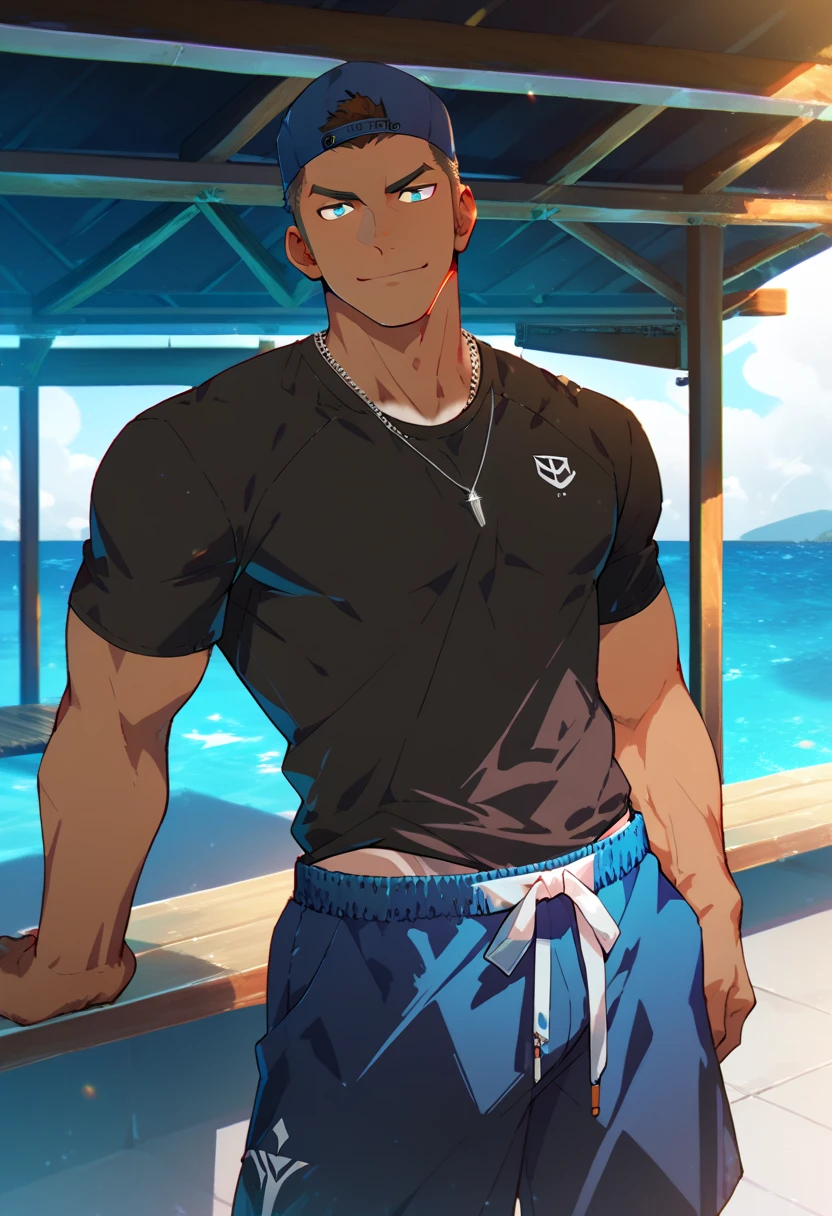 handsome teenage boy with dark brown hair and violet eyes on the beach with his handsome blonde curly blue-eyed boyfriend in dark blue boxer briefs