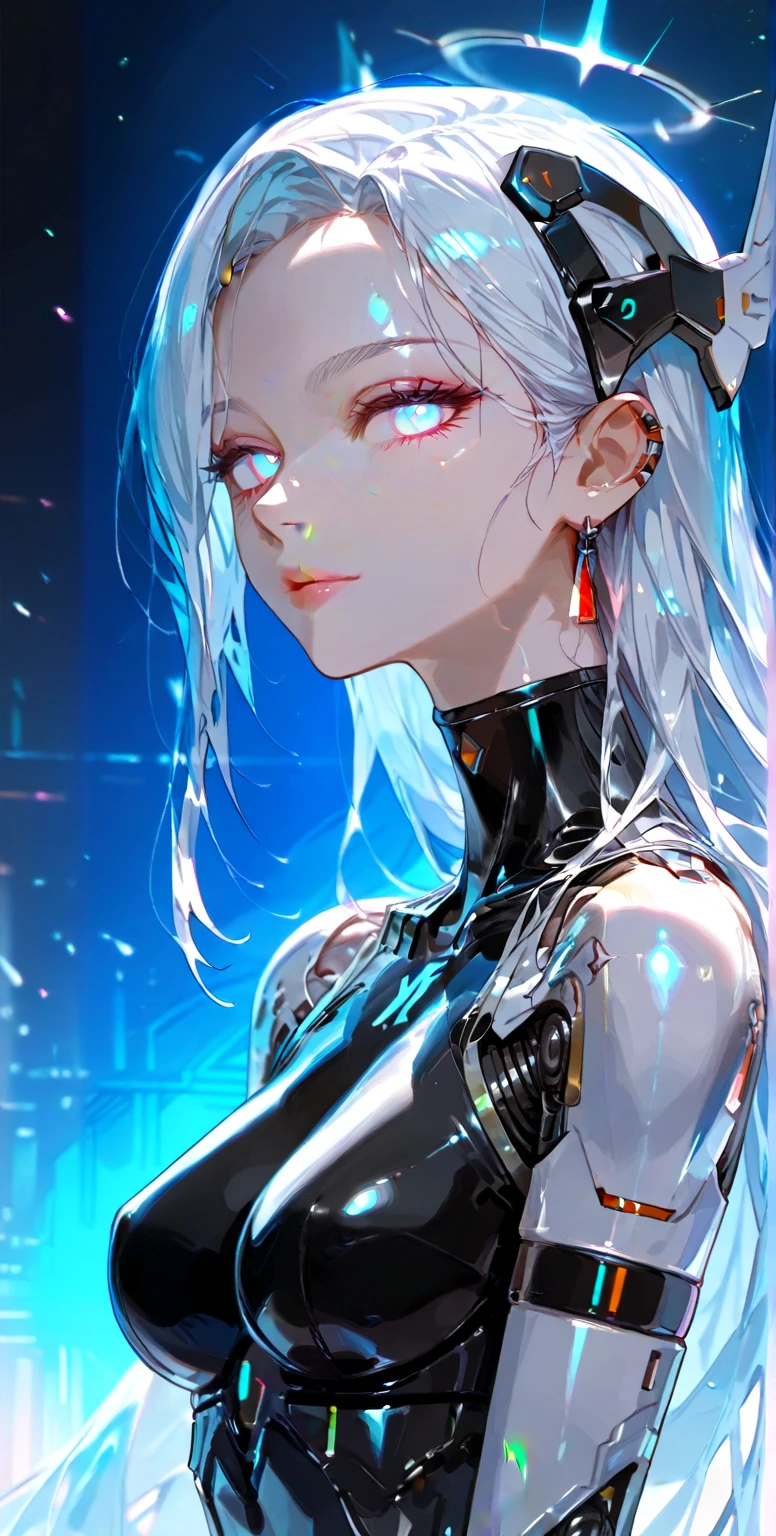 "Y2K cyberangel girl, a fully mechanical white humanoid figure with angelic features. Her body is made of sleek white chrome and porcelain-like metal, with visible circuits and biomechanical joints. She has glowing white eyes, long flowing platinum hair, and delicate metallic wings that emit soft light. Her face is serene, emotionless, but otherworldly beautiful. She floats in a clean, futuristic digital space with pearlescent light, iridescent reflections, and soft vaporwave tones. A fusion of heavenly purity and cold machine design, avant-garde and surreal."