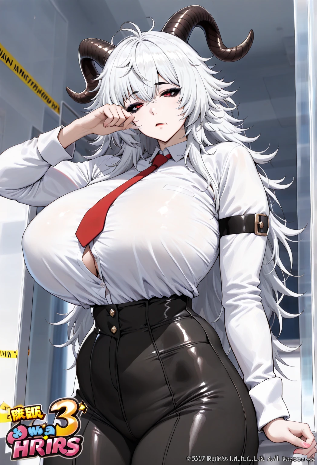 Arknights SilverAsh Extra large breasts breast enlargement Sexy white fur coat black tuxedo Standing alone on the spaceship looking at the camera and smiling