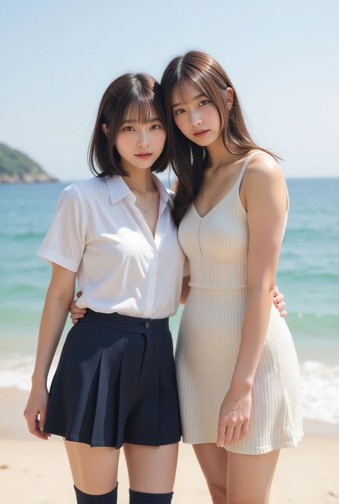 Best quality, Masterpiece, 超高分辨率, (Photorealistic:1.4),(((Two girls,duo))),Highly detailed,professional lighting smile.Play volleyball ,in the beach,Wearing sweat，Run.(seen camel toes),RAW photogr,