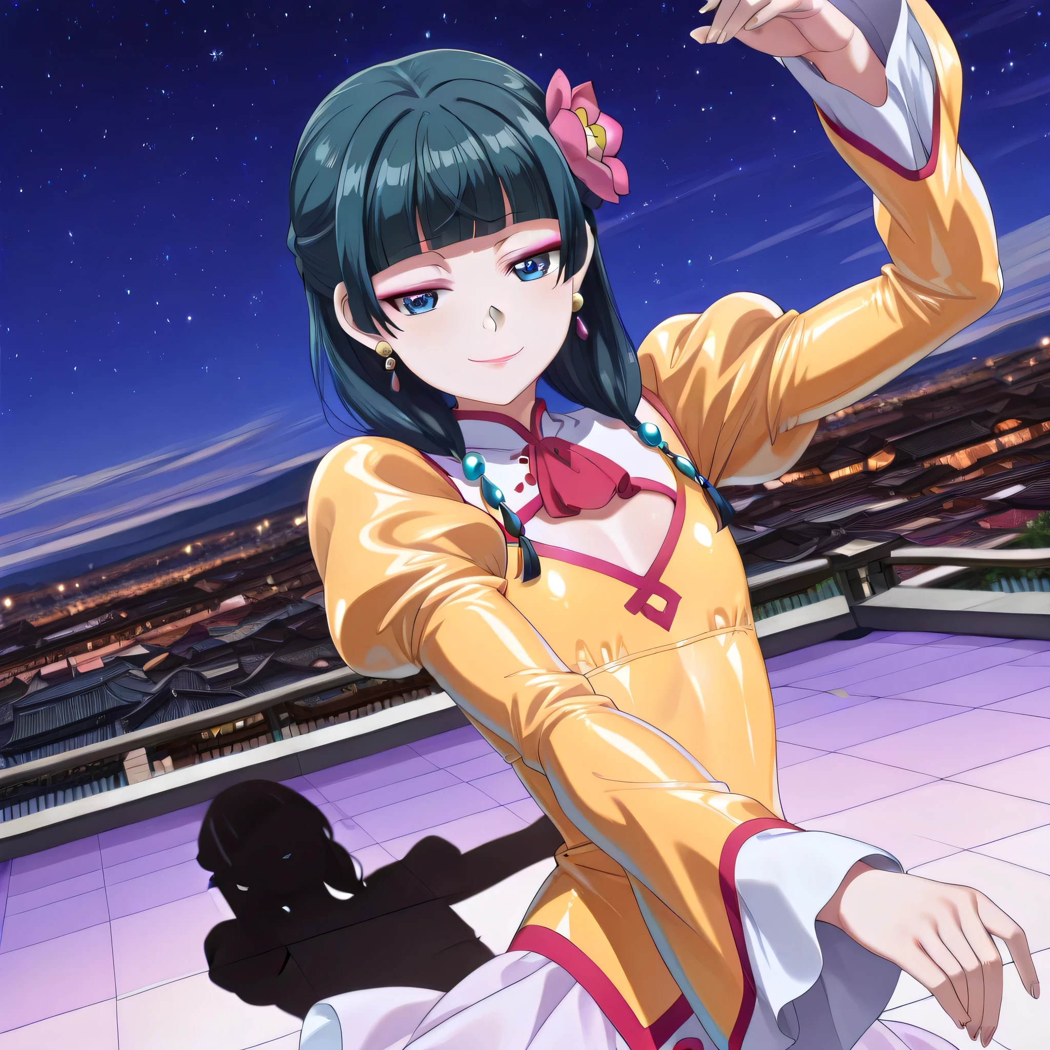 (((Masterpiece))), (((Best Quality))), ((Super Detail)), ultra-High resolution, score_9,score_8_up,score_7_up,score_6_up,score_5_up,score_4_up, BREAK, source_anime, anime screencap, uncensored, rating_explicit, Masterpiece, (best shadow), (absurdres), (detailed background), (very aesthetic), shiny, detailed beautiful eyes, outstanding, countershading, detailed soft lighting, an exquisite animation illustration, curvy, highres, dynamic angle, shiny clothing, solo, delmo uniform, yellow latex dress, red trim, red ascot, cleavage cutout, panty shot, panties, rieout, long sleeves, yellow dress, miniskirt, cleavage cutout, juliet sleeves, miniskirt, (((solo, 1girl))), hair ornament, seductive pose, submissive pose, small breast, maomao (kusuriya no hitorigoto), medium hair, green hair, blue eyes, hair ribbon, hair beads, half updo, blunt bangs, flower hair ornament, hair tubes, hair bun, split bangs, night background, festival background, carnival background, maomao dancer, cute ,soft smile, standing, upper body, flat chest, pink lipstick, pink eyeshadow, blue hair flower, low twintails, pink crystal earrings, night, starry sky, outdoors, city scape, (((dance, dancing))), smile, seductive smile, sexy pose,
