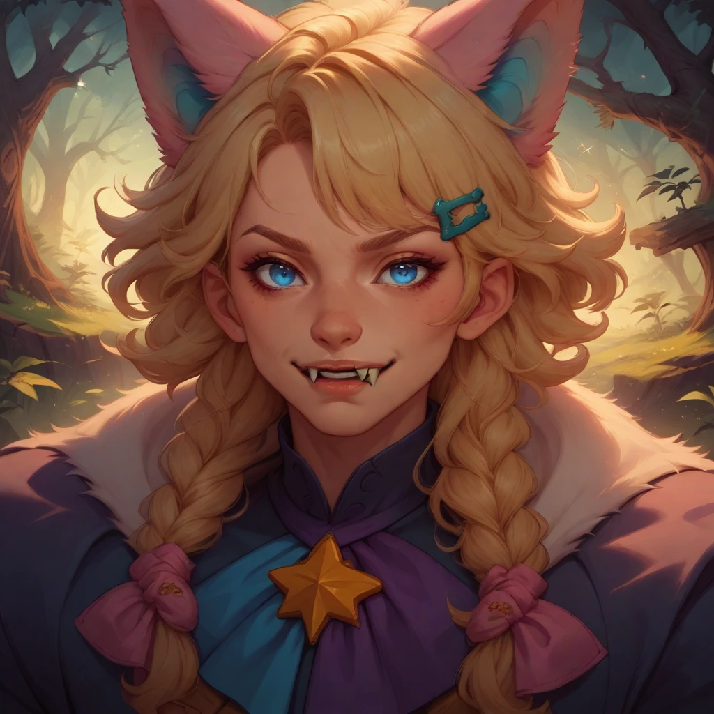 (masterpiece, best quality), Harley Quinn, beautiful woman, on all fours, becoming werehyena, pigtails, furry tail, sharp teeth, clawed hands, beautiful face, perfect face, big gorgeous eyes, parted lips, perfect slim fit body, forest, full moon, bright colors