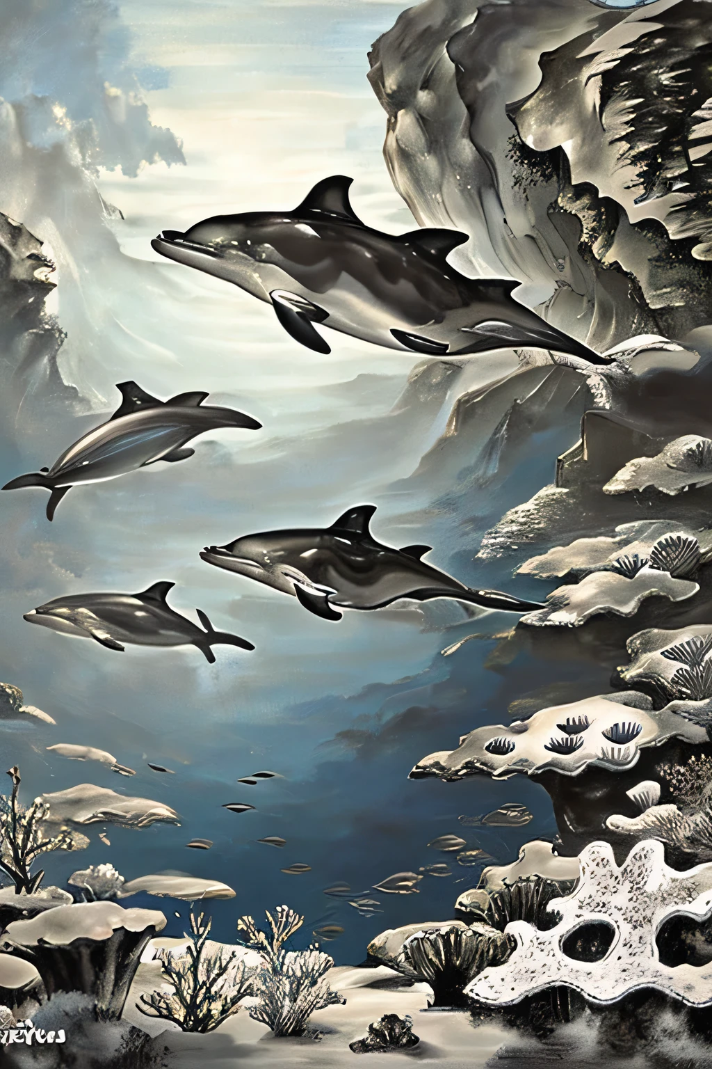 painting of big three dolphin swimming in the ocean with a city in the background under the sea, dolphin, Stunning 4K Art, Palette knife painting, detailed 4k oil painting, Impasto oil painting , dolphin swimming, ink painting、Coral Reef、水中を泳いでいるdolphin、大きいdolphin