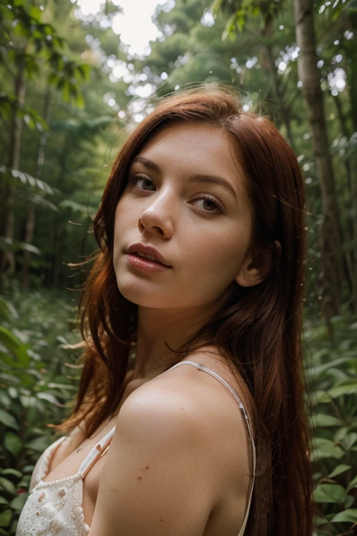 young woman, cool face, ginger hair, close up shot, very beautiful, summer white dress, standing in tropical forest, sunset, peaceful atmosphere, vibrant, colorful