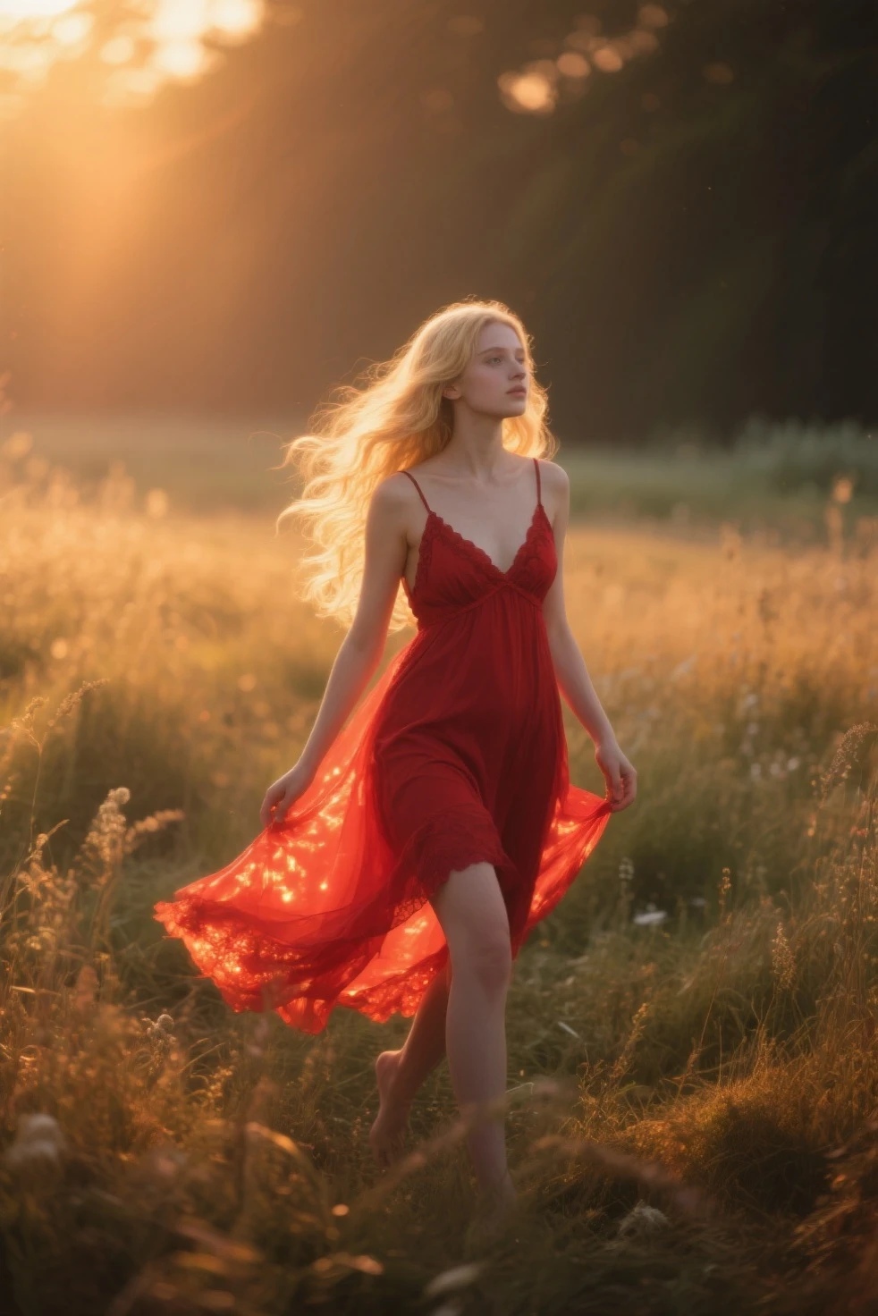 Beautiful girl "Jessica Alba", full body dress Red silk dress delicate and beautiful，detaileds，realisticlying，hyper realistic photography，8K UHD，dslr camera，The sun shines in the forest ，hightquality，film grains，Wildflowers are beautiful，The morning sun overlaps，Beautiful
