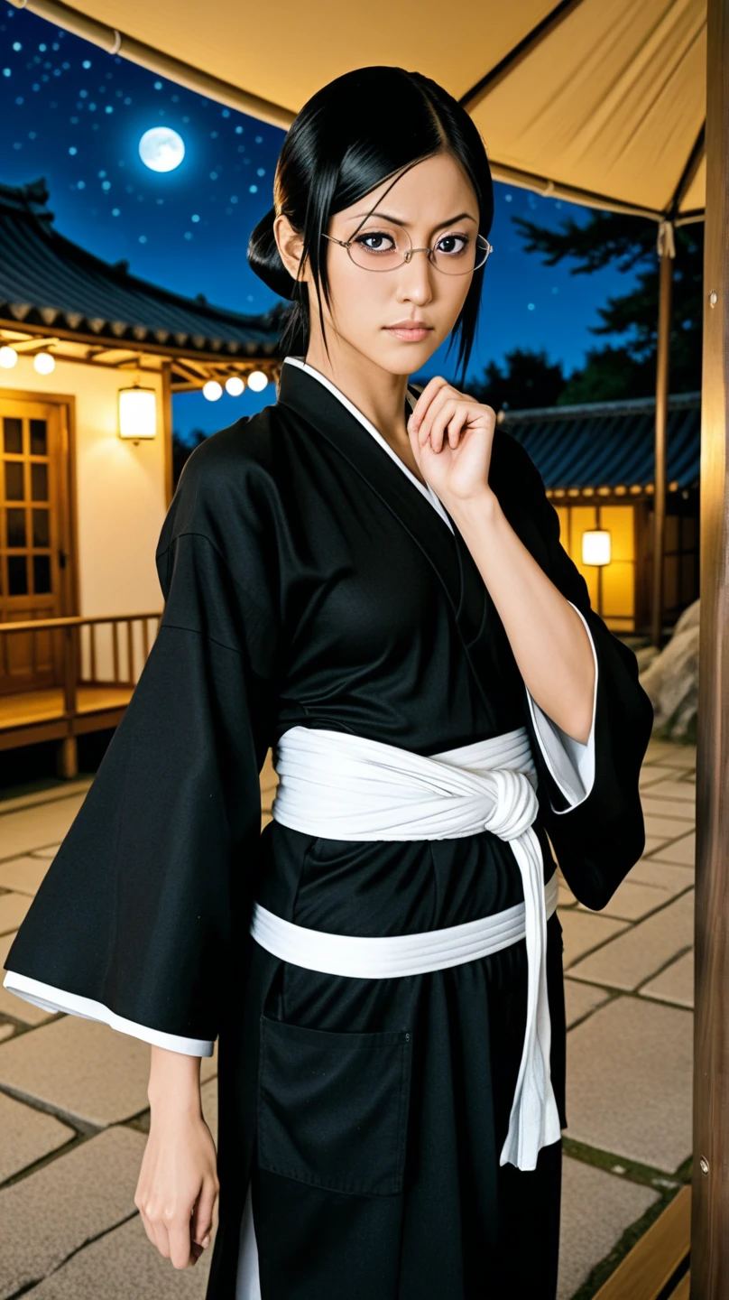 nsfw, Nanao Ise from anime Bleach, glasses, Black kimono and a tent target on left arm, Seductively gazes at the viewer, standing in front of a japanese castle in a beautiful night, Full os stars and moon