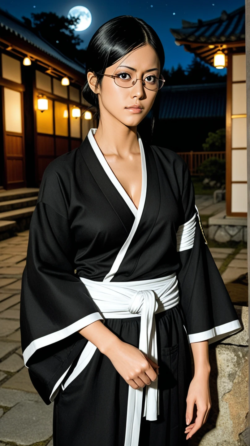 nsfw, Nanao Ise from anime Bleach, glasses, Black kimono and a tent target on left arm, Seductively gazes at the viewer, standing in front of a japanese castle in a beautiful night, Full os stars and moon