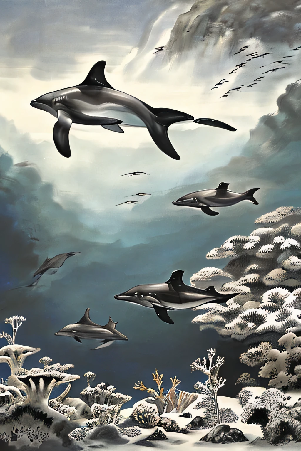 painting of three dolphin swimming in the ocean with a city in the background under the sea, dolphin, Exquisite oil painting , Very exquisite oil painting, Stunning 4K Art, Palette knife painting, complex and intense oil painting , detailed 4k oil painting, Impasto oil painting , dolphin swimming, ink painting、Coral Reef、水中を泳いでいるdolphin、大きいdolphin
