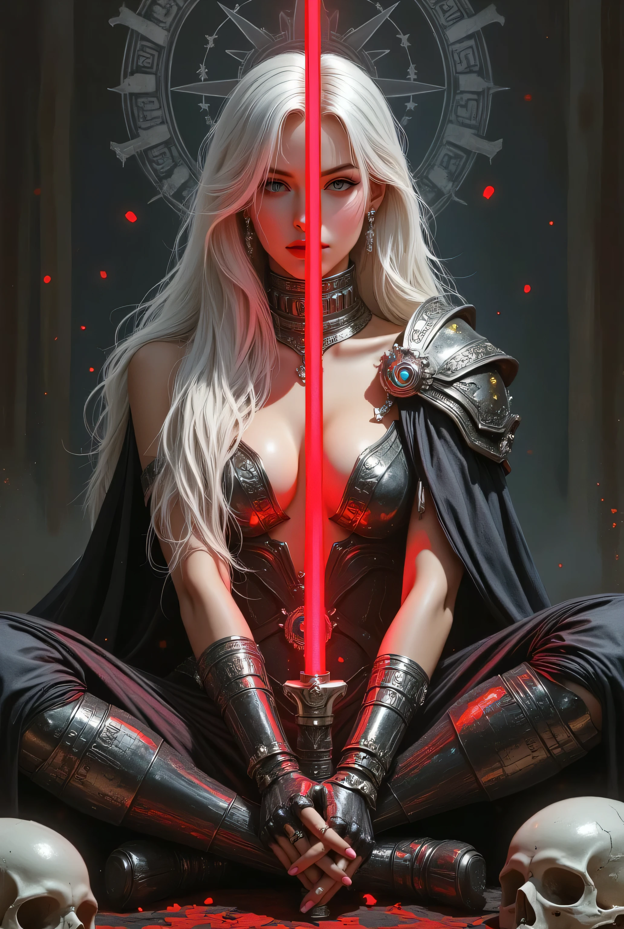 Comic sex art. Score_9, score_8_up, score_7_up, ((highest quality)), ((masterpiece)), (be familiar with), Perfect Face, (High definition), (Best Shadow), 8k, cinematic, (Realistic:1.4),dramatic. Luis Royo's style, A sith woman with long, straight, platinum blonde hair is posed in a cross legged position, holding in front of her a red lightsaber with engraved details. She wears a revealing sith armor set featuring a metal collar, intricate gauntlets, and a flowing cloth that contrasts with the dark setting. Her outfit is adorned with turquoise jewelry and dark arm bands. The background is dark with a mystical symbol, and she is surrounded by giant skulls, creating an intense, battle-ready atmosphere. The lighting from her lightsaber highlights the textures of her armor, with shadows adding depth to the scene.