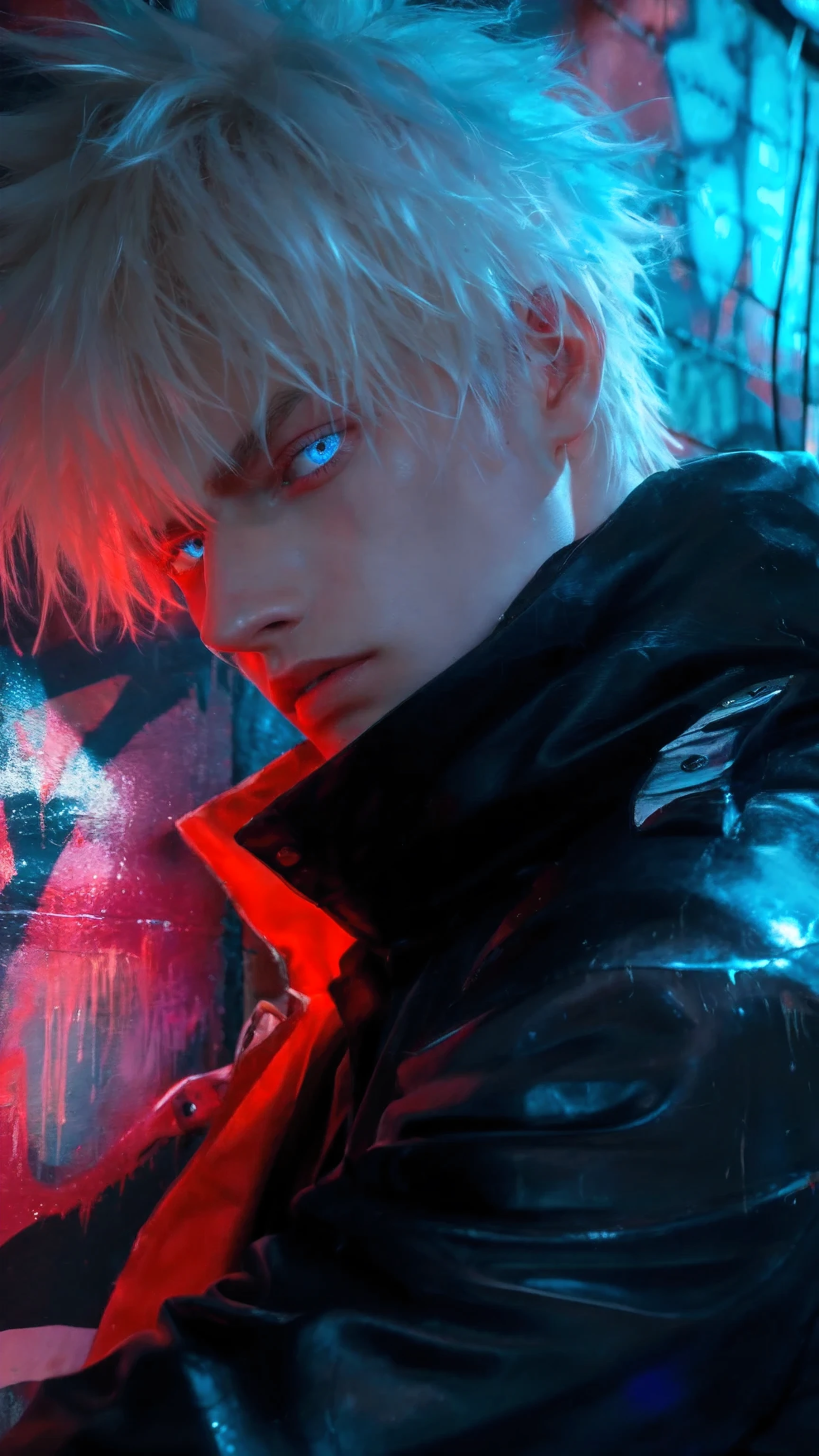 score_9, score_8_up, score_7_up, source_anime, detailed, wallpaper, beautiful details, gojo satoru, jujutsu kaisen, 1man, male focus, ultra realistic, hyper-detailed portrait, young man with pale flawless skin, sharp jawline, icy blue glowing eyes, slightly parted lips, tousled spiky white hair with cool light reflection, wet hair strands with subtle specular highlights, glossy high-collar futuristic jacket, black and red color contrast, leather texture with realistic light reflection, standing against neon-lit graffiti wall, colorful urban street background, electric blue and crimson red lighting, vibrant spray paint textures, atmospheric glow, moody shadows, cinematic tone, bokeh light effects, high-definition photorealistic render, depth of field, soft lens blur, realistic anime transformation