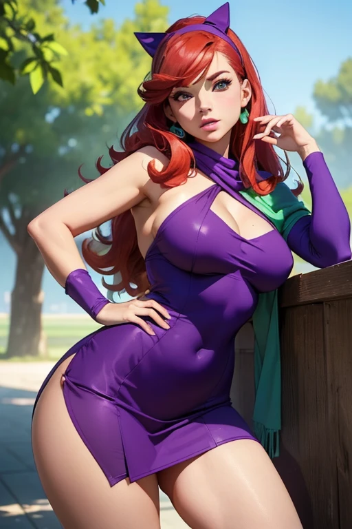 ((masterpiece, best quality, ultra-detailed, ultra-HD, photorealistic, cinematic)), (medium camera shot, from below:1.2), (sensual pose), (alluring and voluptuous female as Daphne Blake), perfect anatomy, perfect face, large breasts, proportioned hands, (shoulder-length red hair:1.3), (purple dress, pink pantyhose, and purple shoes), (wears a plastic purple headband and a green scarf), ((dynamic background)), (detailed pupils, detailed eyes, blushing, nude lips, slightly parted lips)