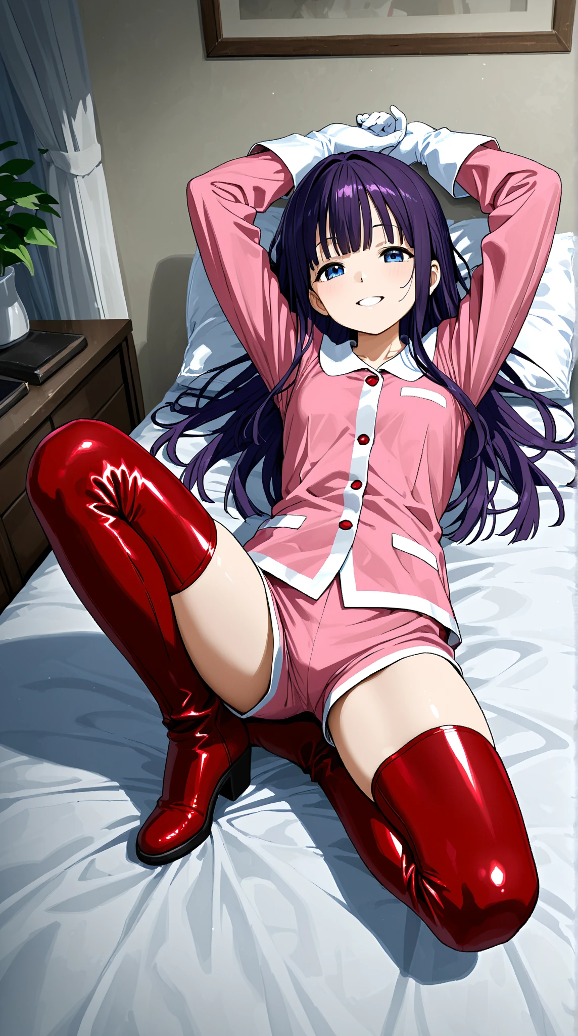 (masutepiece),(Best Quality), Katsuragi Misato, 、Colossal tits、Sexy underwear with less area、Sleeping in bed、 Spread your legs apart、Brown eyes, Cross Necklace, Red jacket, Persistent stare, Sharp eyes, Spread your legs apart、Open the crotch、sexy langeries