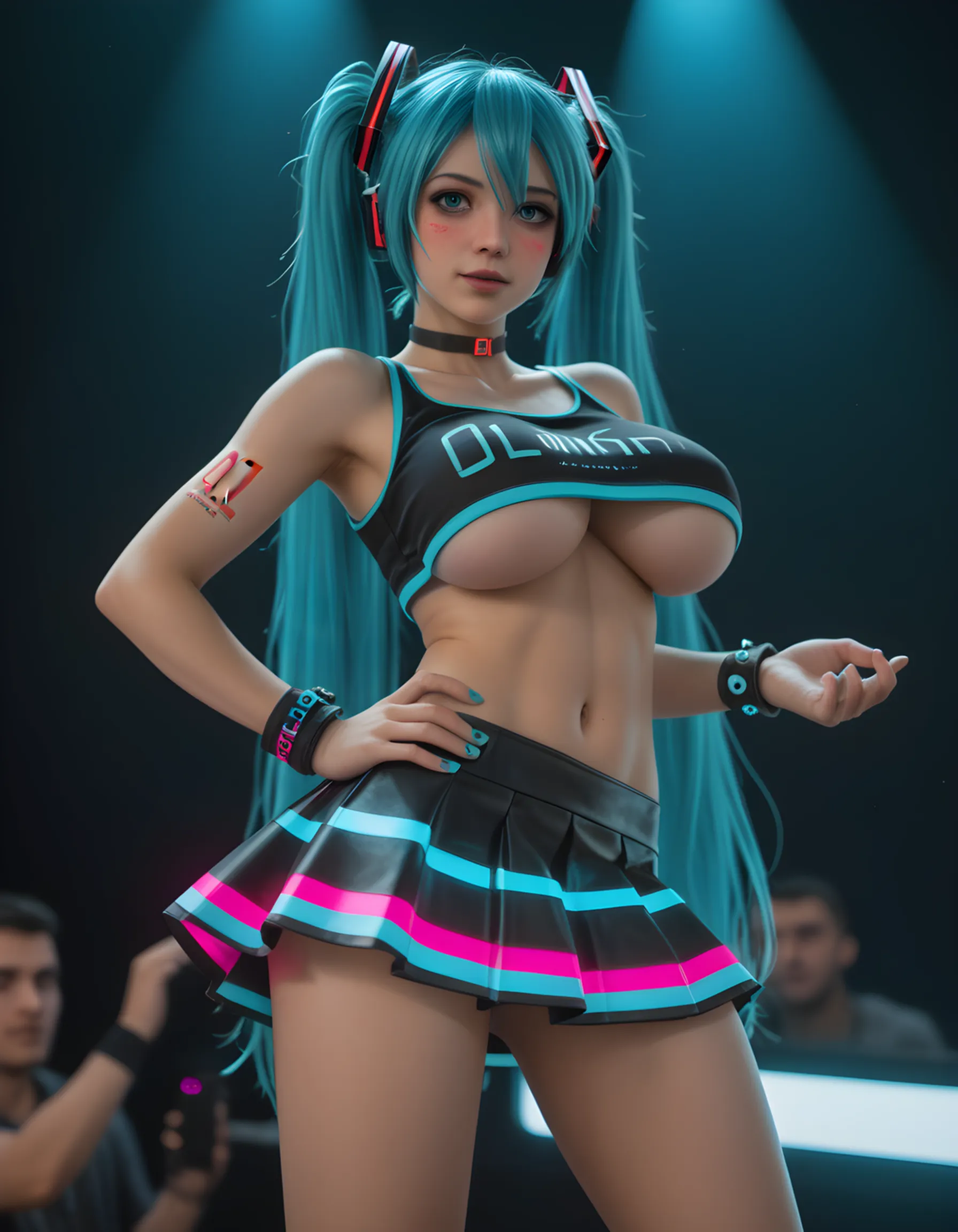 (((top-quality)), ((masterpiece)), Pitch Resuit、((Colossal tits:1.5))、goth_punk, 1girl in, 独奏,、top-quality, Photorealistic, An ultra-fine illustrations, beautiful attractive anime girl, miku hatsune, Slender , Tied hair, twintail 、one girls, a photo of girl, Full body shot, Beautiful blue eyes, Turned,、Puffy nipple、ONE PIECE mini skirt dress racing uniform 、sobbing tears、 (see -through)、kneehighs white、panty shot、(cum in pussy vaginal:1.2)、cum in mouth.、racing circuit、crowd Being watched、(G-string :1.3)、Open lips、 ssmile