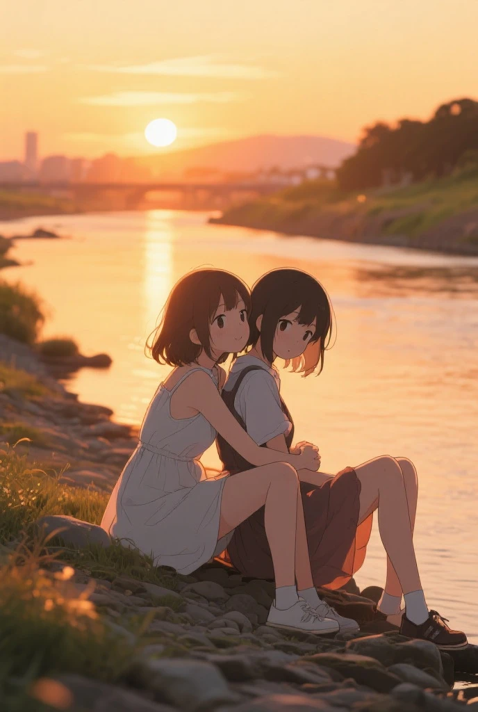 (finely best quality illustration:1.2), (kawaii girl:1.1), (1girl, solo:1), (cat :1.2), (2 girls, 8 years old, loli, , little, kawaii, cute, small breasts, ultra detailed eyes:1.2), (yuri, kissing, hugging from behind, grabbing, half-closed eyes, eye contact:1.3), (sweat, embressed, blush:1.1), BREAK coat BREAK in the river BREAK (dusk, twilight, orange sun light:1.2), BREAK (best quality, ultra detailed, extremely detailed and beautiful, ultra high res, detailed arms:1.2), nsfw