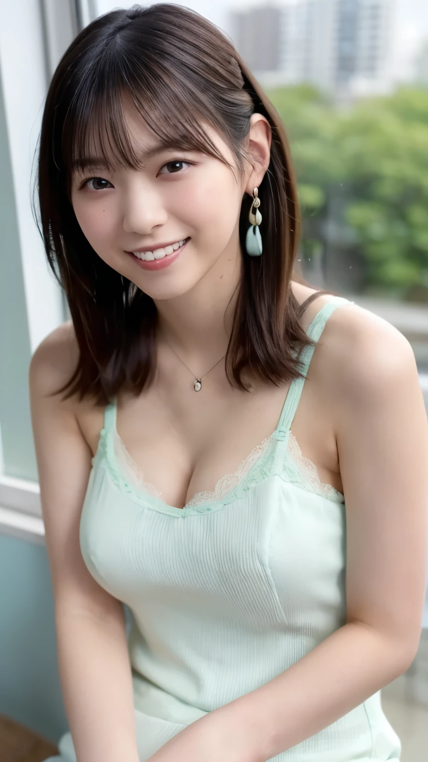  1 Japanese beauty , depth off field, first-person view, f/1.8, 135mm, Nikon, ultra high definition, retina, masterpiece, accurate, anatomically correct, textured skin,Very white skin、 clear skin 、 Super Detail, high detail, high quality, Best Quality, high definition, 1080P, high definition, 8k, (big boob:1.4), Japanese beauty 1 person, (Big round eyes:1.4).(she has heterochromia, and her eyes are different colors, which makes her incredibly captivating)、(Drunken Blush Makeup)、round face、She is smiling very happily、INSANELY BEST SMILE、is smiling with her mouth open、Her front teeth are neatly arranged、cute little vampire fangs、(Braided Top Knot,twisted side part ponytail、Braided Headband,half up、Braided Space Bang,voluminous fishtail braid,Twisty Bang)、(She is wearing a High School Unifor(pale mint green:1.5))、break、(She's wearing a see-through lace panties(white:1.he is in an IT firm's office at sunset、break,She is sitting in a window seat、I can see a skyscraper city out the window