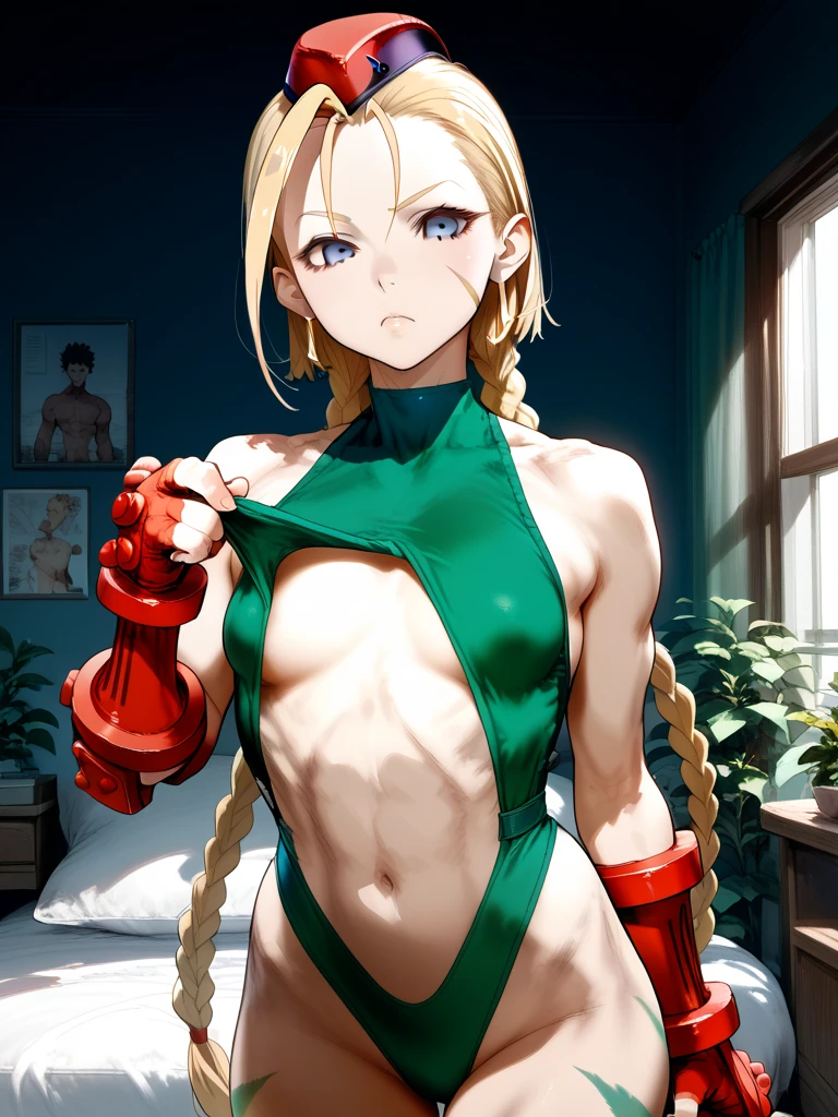 masterpiece, best quality, Cammy White blonde messy hair with 2 braids no shirt, green eyes, red bennie, sitting full body on bed clenched fists hands strong arms 💪, showing strong abs, military boots, shy 🤭 facial expressions, red cheeks blushed 😊