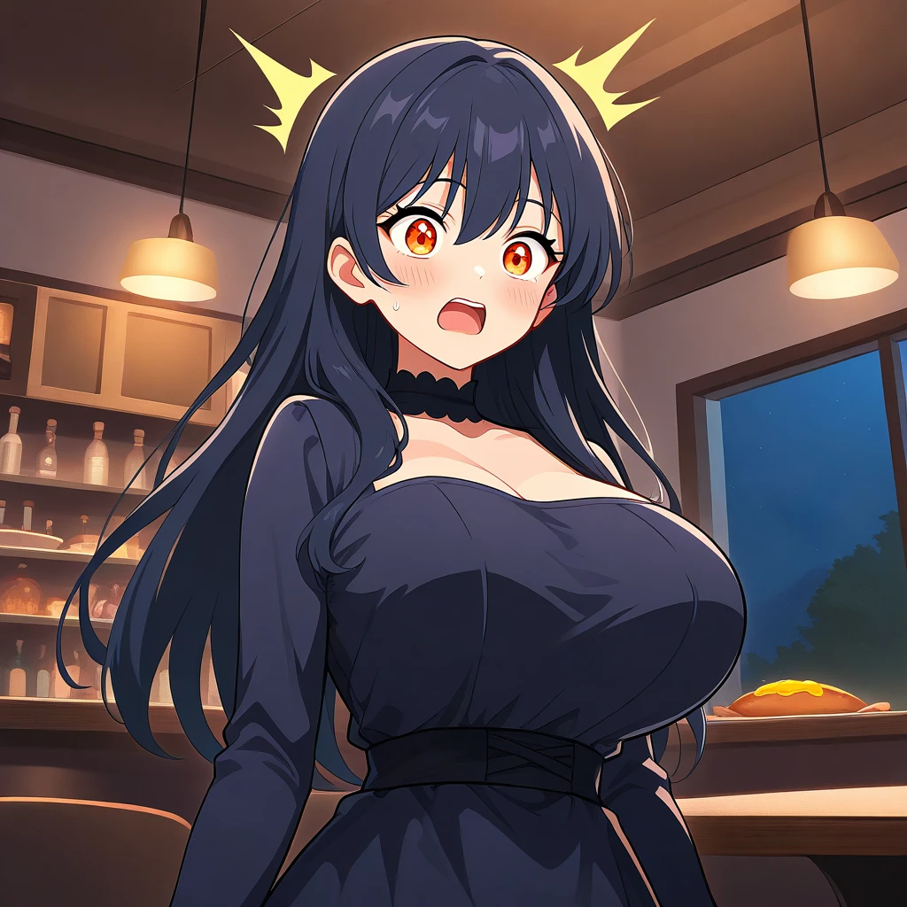 muscular girl huge breasts against wall black hair yellow eyes frown sad blushing tight red shirt muscular muscular