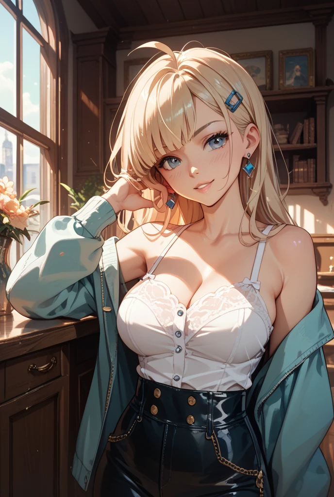 absurderes, ultra-detailliert,bright colour,(8K:1.3),masuter piece,extremely beautiful detailed face and eyes,(School Uniforms:1.2), (gals:1.5), (White shirt:1.3), (Wrap a beige cardigan around your waist:1.5), (cleavage, Unbuttoned:1.2), (plaid pleated skirt:1.2), (Necklace,Colorful bracelets,(Loose socks),(The bra is slightly visible:1.2),Aurora、city light,独奏,starrysky,Winters,(Smooth straight blonde hair:1.3), (Shiny hair:1.3),red blush,Deep Blue Eyes, (Happy smiling face:1.2),(bending forward)