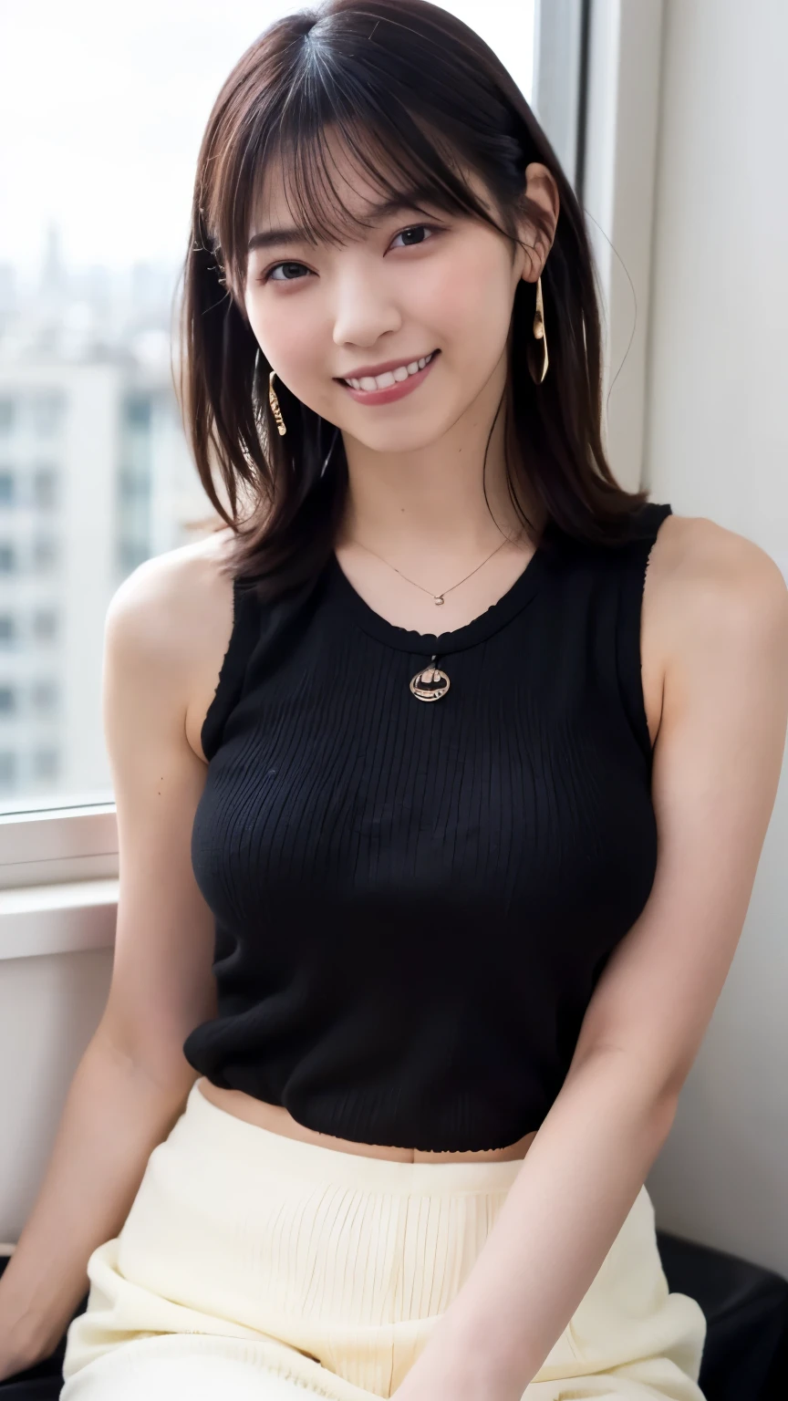 1 Japanese beauty , depth off field, first-person view, f/1.8, 135mm, Nikon, ultra high definition, retina, masterpiece, accurate, anatomically correct, textured skin,Very white skin、 clear skin 、 Super Detail, high detail, high quality, Best Quality, high definition, 1080P, high definition, 8k, (big boob:1.4), Japanese beauty 1 person, (Big round eyes:1.4).(she has heterochromia, and her eyes are different colors, which makes her incredibly captivating)、(Drunken Blush Makeup)、round face、She is smiling very happily、INSANELY BEST SMILE、is smiling with her mouth open、Her front teeth are neatly arranged、cute little vampire fangs、(Braided Top Knot,twisted side part ponytail、Braided Headband,half up、Braided Space Bang,voluminous fishtail braid,Twisty Bang)、(She is wearing a tight tank top of ribbed material with buttons on the front(black:1.5))、break、(She's wearing a see-through lace panties(white:1.he is in an IT firm's office at sunset、break,She is sitting in a window seat、I can see a skyscraper city out the window