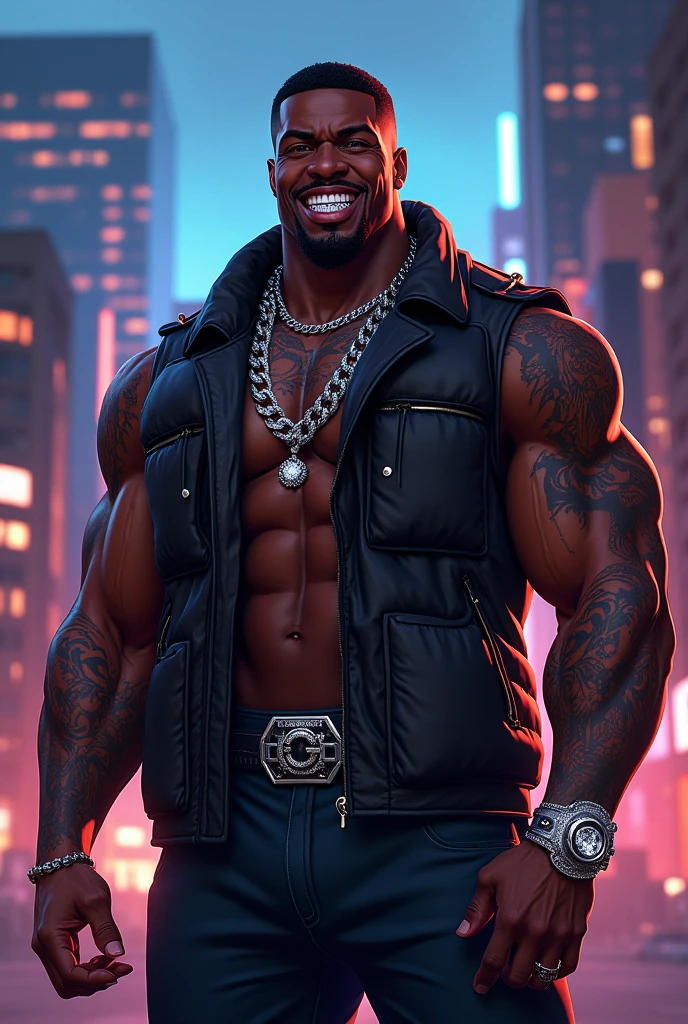 Pornstar Fusion, full body bodybuilder, dj, rapper, multimillionaire, Famous, masculine, disease, eyes, tough man, 1,85cm and 120kg of pure muscle 8% body fat , Silver chain with gold diamonds., Rolex luxury watch, 8 pack abs, You can see a big bulge in his pants, revealing his big XXL penis, which he hides full-length, 25 cm, in tight jeans and Everlast shoes, in front of two delighted and passionate women in leather and boots.. Background on an old street in Tokyo full of vibrant neon lights illuminating the numbered signs of the shops.