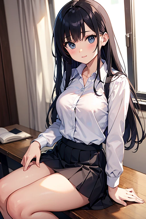 very cute and beautiful girl,(Very detailed美しい顔), (smile),blush,Black Hair,Seraphim,(White Shirt、Pleated navy blue pread your legs、Squat)、Sitting、(From below)、(Black tights、Lacy white panties), Country road, (Highest quality,masterpiece:1.0),Absurd,High resolution,Super detailed,Very detailed,32K,8k resolution, Intricate details,Movie Scenes,Detailed Background,alone,Dynamic Angle,