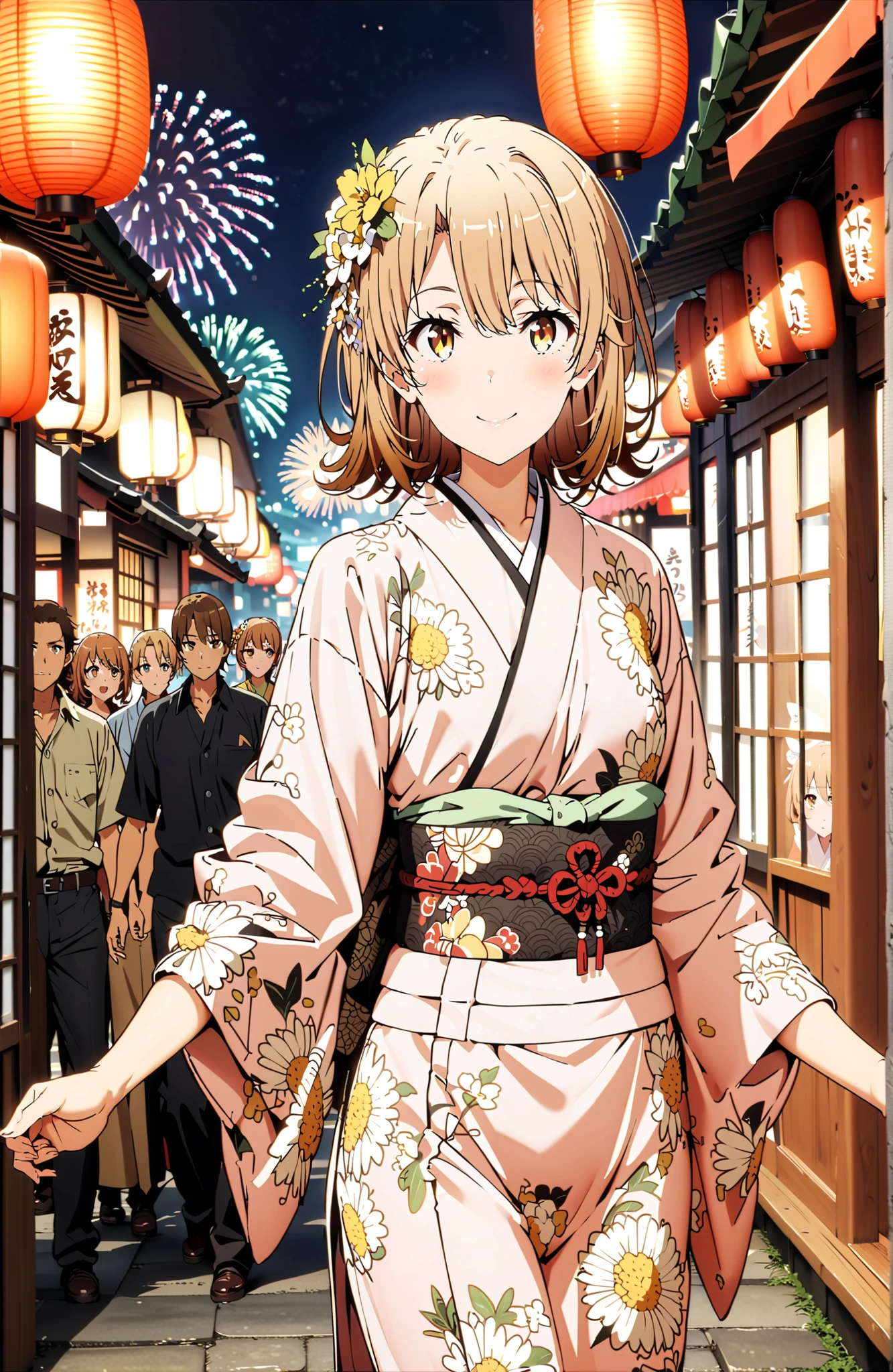 score_9, score_8_up, score_7_up, source_anime,
Iroha Isshiki, short hair, brown hair, brown eyes in the bedroom,flower hair ornament with ears,Yellow flower pattern kimono ,smile,blush,mouth,Light up fireworks,Red Lantern,Japanese stalls ,standing,night,in their 40s outdoors, Japanese Festival,
in their 40s looking at viewer,full body,
in their 40s (masterpiece:1.2), best quality, high resolution, Unity 8Kの壁紙, ( 's art :0.8), (beautiful detailed eyes:1.6), very detailed face, perfect lighting, Highly Detailed CG, (perfect hand in h, Completed),