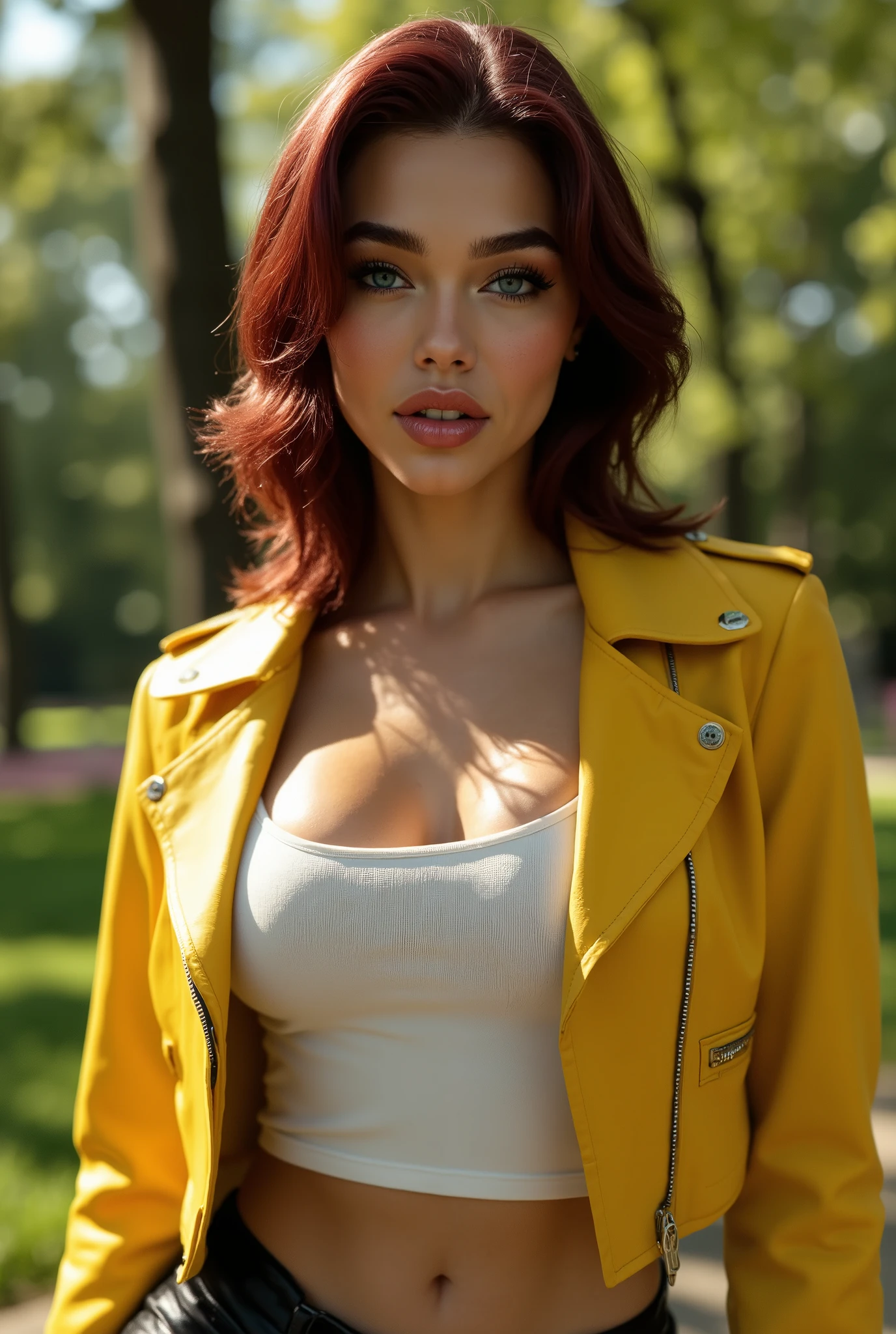 Foto hiperrealista en primer plano de arafed woman (Emma Rose), masterpiece, best quality, (photorealistic:1.4), (leather yellow cropped biker JACKET over white tank top:1.1), (leather jeans:1.2) heels, in the New York Central Park, sunny day, cinematic light, beautiful woman, skinny, dark blue eyes, auburn hair, detailed face, facing the camera, photo taken from a distance,