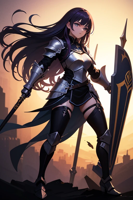 masterpiece, best quality, anime girl, outstading and shiny armor, high detailed, imponence position, energizing sword, medium dark hair, purple eyes, view from below, background of blury castle, god-ish lights, glowing aura, dusty wind from floor, realistic ilumination.