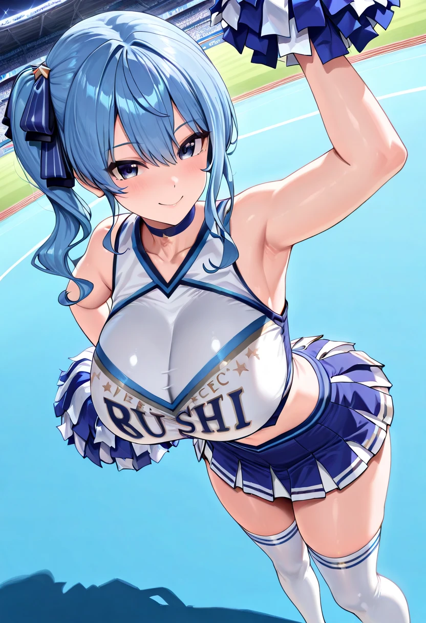 maternal smile, blushing, Pompones, uniform, crop top, midriff skirt, miniskirt, crop top overhang, clothes lift, large, sweat, thick thighs, (huge chest 1.5), cheerleader uniform, wet clothes, semi-transparent clothing, erect nipple under clothes, high ponytail, visible underwear, micro thong, (high thong), (standing on one leg), masterpiece, best quality, Very detailed