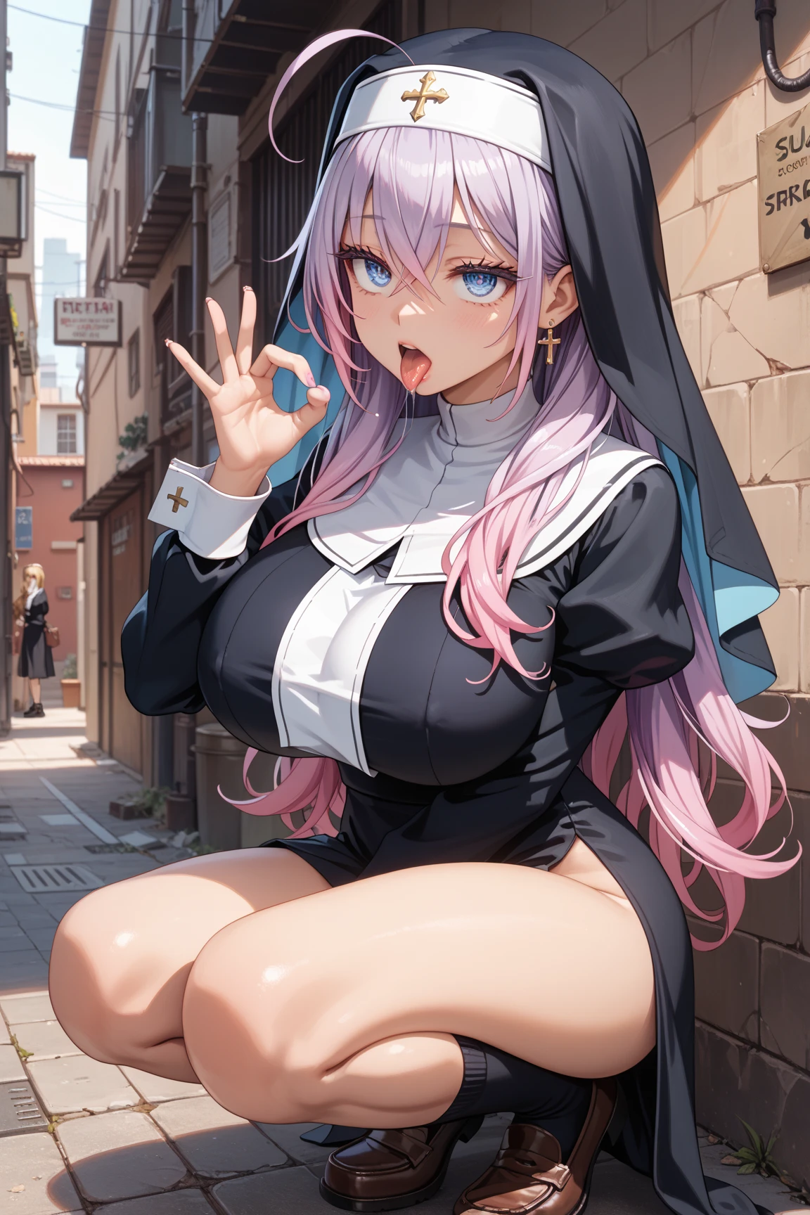 (Best quality,Unbeatable masterpiece:1.4),Ultra-detailed CG 4K,Purple colored hair,nun headdress, Loose bikini,high-heels,humongous large breast,rendering,humongous large breast,squatting on the ground