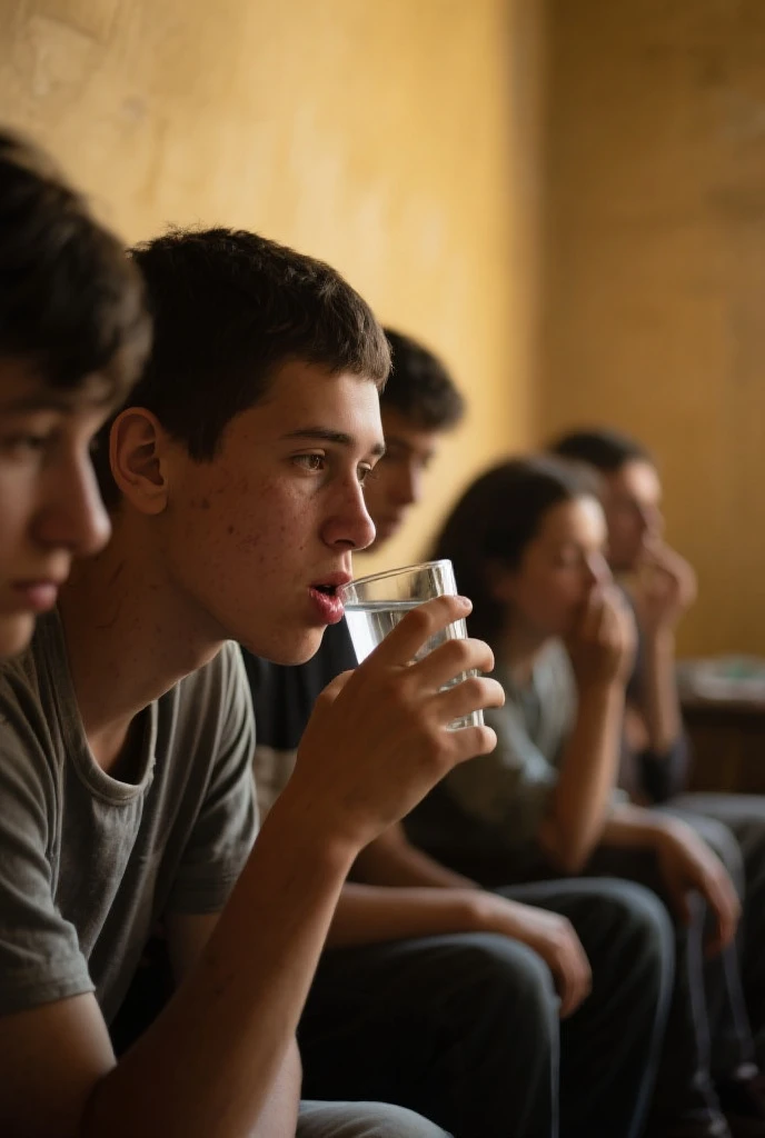 Boy at school with his friends telling a story sitting in the school cafeteria drinking milk with a creative imagination when listening to his he had an idea
