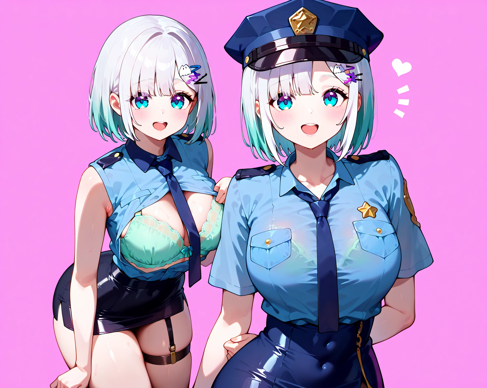 2 garota,dupla,policial,bra, police hat, Policial, seios muito grandes,enjuelhada,cara de assustada,