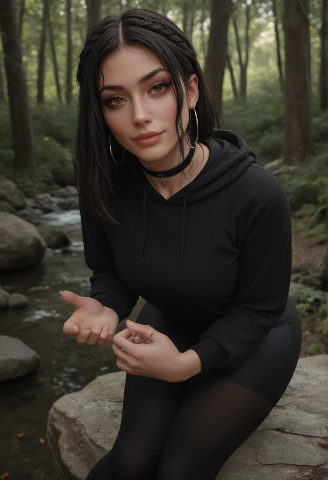 ((best quality)), ((masterpiece)), (detailed), perfect face, perfect hour glass figure, nude 27 year old goth girl with black hair with purple streaks, lip piercings, nose piercing, ear piercings, in a circular clearing in a forested area, legs spread using a highly detailed hyperrealistic flesh colored dildo made to look exactly like an erect penis, creamy pussy