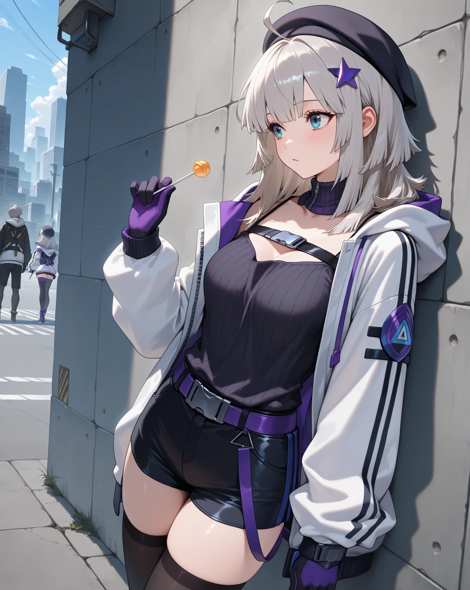 (masterpiece, best quality:1.2),illustration,8k,hd,1girl,solo,1girl,ahoge,bangs,black headwear,black legwear,black shorts,black sweater,blue eyes,cleavage,collarbone,detached collar,eyebrows visible through hair,grey hair,hair ornament,hat,hood down,hooded jacket,long hair,long sleeves,medium breasts,puffy long sleeves,puffy sleeves,purple gloves,ribbed sweater,short shorts,star hair ornament,thighhighs,turtleneck,turtleneck sweater,white jacket,<lora:AA-12>,
