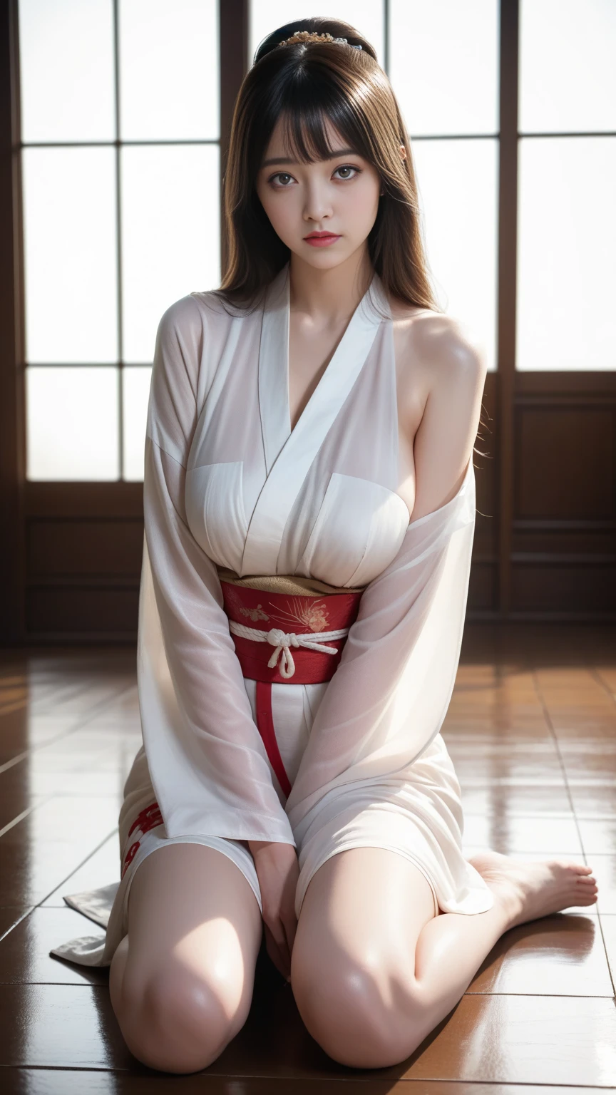 photorealistic, stripping clothes, (shot from below:1.2), (intricate details, exaggerated details, ultra high details), self-portrait, (1girl, beautiful, delicate face, innocent, pale skin), (short white wavy hair), (bandage wrapped around arms), ((modern kimono, linen red shorts with (side slits)):1.2), small waist, ((wide thigh gap, wide thighs):1.2), (masterpiece)