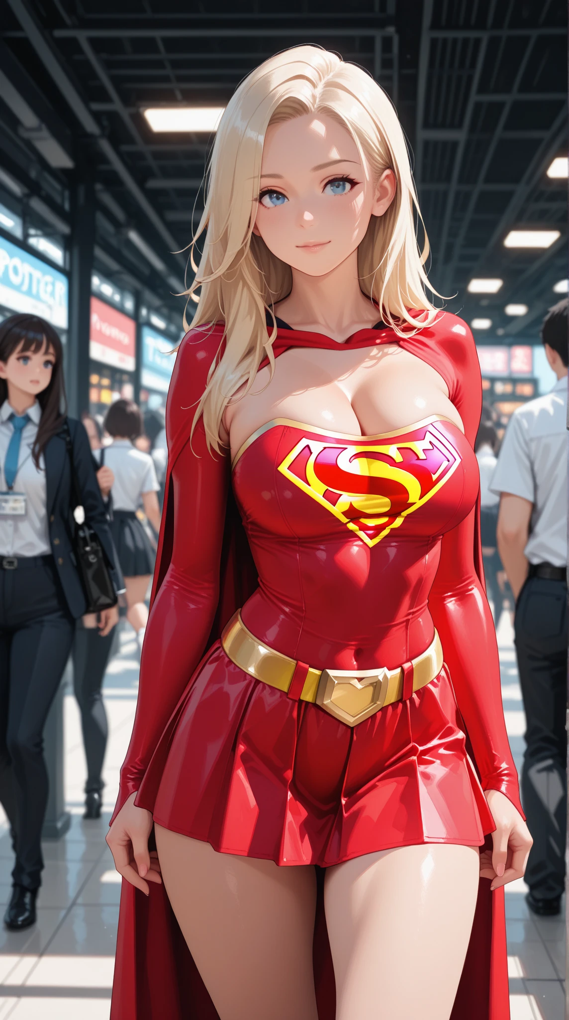 （ tall Supergirl：1.1） blond,Blue tights, Red skirt， Red cape， Red high heeled boots， （Superman Symbol on Chest：1.5）， Bare legs, huge tit, Plump crotch, Fitness model, Ruddy cheeks, perspire, Sweaty, The whole body is soaked with clothes, Wheezing, Mouth open, Reveal a shy and nervous expression, cleavage, Stand on a crowded school bus, Caught by a group of small boys grabbing her breasts, A crowd of boys stared at her intently, A lot of male arms, POV hands, assisted exposure, pulled by another, lifted by another, undressing another, Catch, Pulling, clothes pull, bra pull, Shirt pull, was raped, ((Pumping through clothing:1.5)), ((She was held from behind by a small boy 9 years old:1.5)), ((She was grabbed by the chest by a large group of school boys :1.5)), ((The boys presses his chest against the woman's back 1)), ((She was grabbed by a large group of young smaller boys on the buttocks:1.5)), ((very large crowd of school smaller boys around her:1.5)), ((The crowd was all nine years old boyull bodyesbian