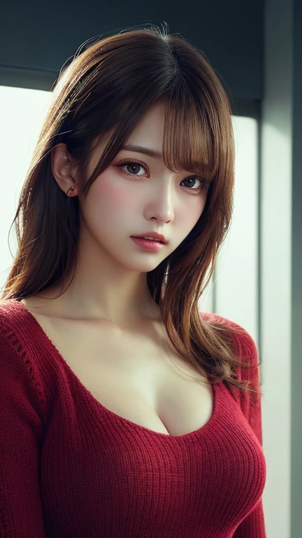 table top, highest quality, figure, super detailed, small details, High resolution, 8k wallpaper, 完璧なダイナミックな構figure, beautiful and fine eyes, natural lips, red knit dress , big breasts, cleavage