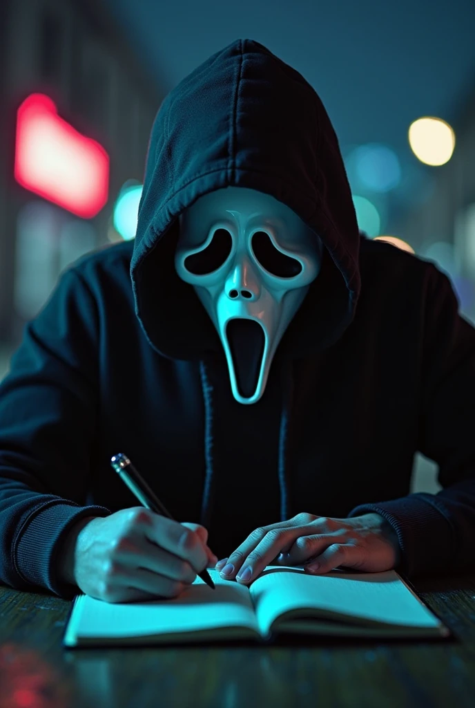 Ghostface typing on a computer