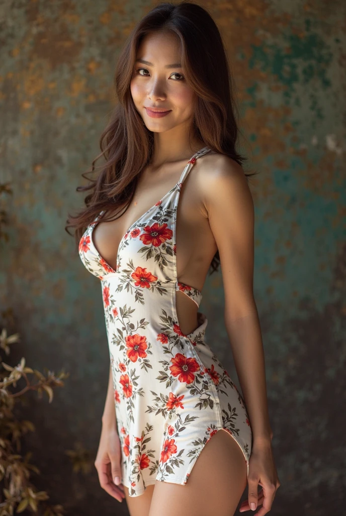 Hyper realistic and detailed full body photo, gorgeous 21 year old woman, dark drown hair, smiling, athletic hourglass figure, accentuated by her full bust, standing on the roof of a skyscraper wearing a wearing a short printed elegant summer dress (red and white). Sunset. Violet sky. perfect eyes, (Eye makeup:1.1), (highly detailed skin:1.1), RAW, analog style, sharp focus, 8k UHD, DSLR, high quality, Fujifilm XT3, grain, award winning, masterpiece.